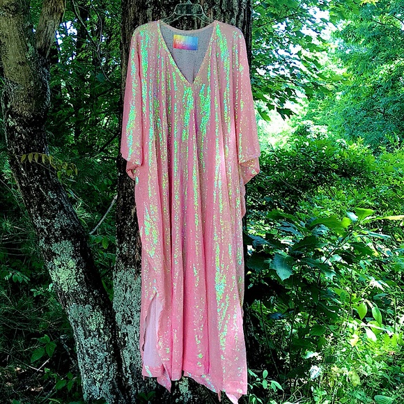 Bubblegum Pink Long Sequin Caftan Dress - Picture 7 of 8
